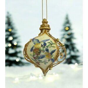 Vintage Blue Bird Wire Christmas Tree Ornament Glitter Floral Design Gold Tone